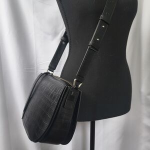 All Saints Captain Croc-Embossed Black Leather Crossbody Bag -